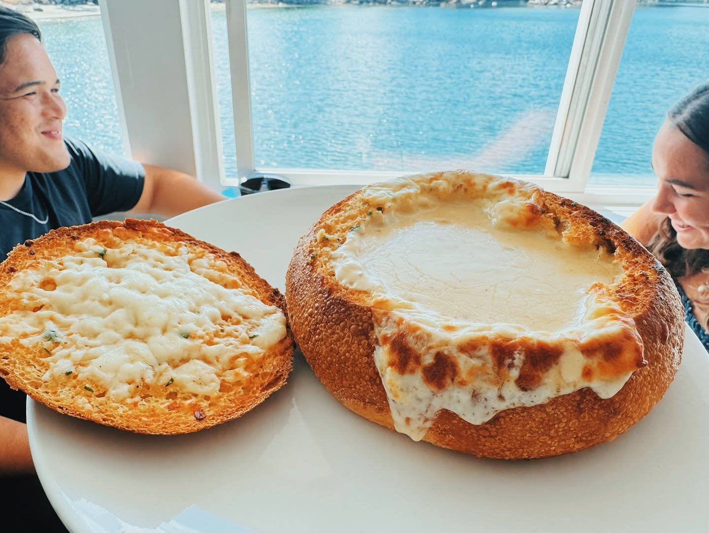 Award-winning clam chowder in a sourdough bread bowl
