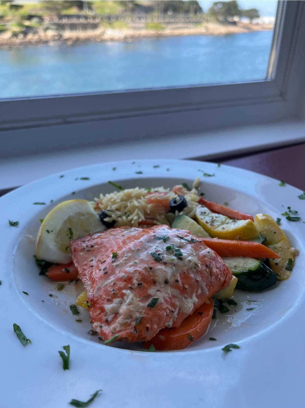 Grilled salmon plate with a bay view